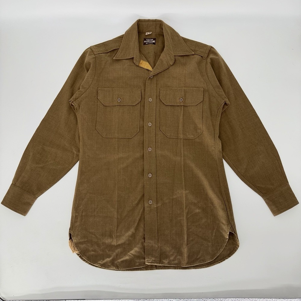 Vintage WWII US Army Officer Wool Shirt Brown Olive 14.5x32 Military